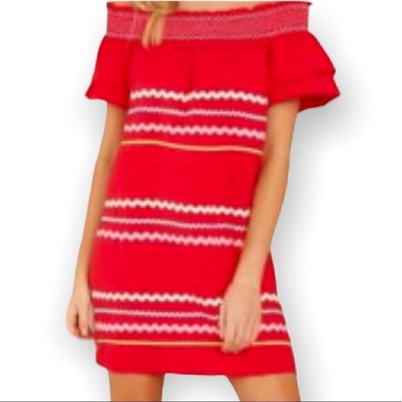 Entro Off Shoulder Rickrack Style Striped Boho Chic Mini Dress Size Small - Picture 1 of 8